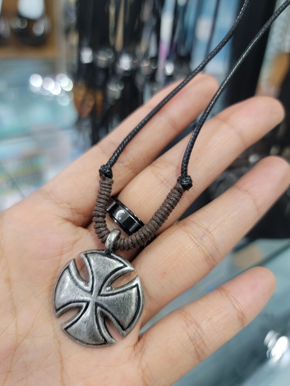 Men's Silver Cross Pendant Necklace with Brown Cord